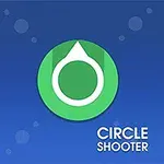 Vihreä ympyrä valkoisella nuolella sinisellä taustalla, jossa lukee Circle Shooter