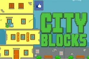 Keltaisen rakennuksen vieressä vihreä CITY BLOCKS -teksti, taustalla sininen taivas