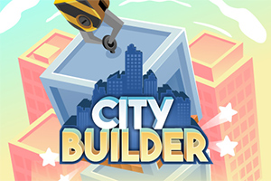 Taustalla värikkäitä rakennuksia ja etualalla teksti City Builder sekä mekaaninen nosturi