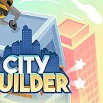 Taustalla värikkäitä rakennuksia ja etualalla teksti City Builder sekä mekaaninen nosturi