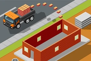 Kuorma-auto tuo tiiliä kadulla kesken olevan tiilirakennuksen rakentamiseen