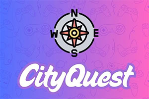 City Quest Kompassiruusu pohjois-, itä-, etelä- ja länsisuuntineen värikkäällä taustalla sekä teksti CityQuest