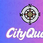 City Quest Kompassiruusu pohjois-, itä-, etelä- ja länsisuuntineen värikkäällä taustalla sekä teksti CityQuest