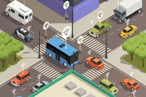 Kaupunkimaisema, jossa autot, bussi ja muut ajoneuvot ajavat risteyksessä, osassa on Wi-Fi-merkit