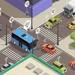 Kaupunkimaisema, jossa autot, bussi ja muut ajoneuvot ajavat risteyksessä, osassa on Wi-Fi-merkit