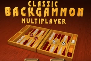 Kuvassa on avattu backgammon-lauta pelinappuloineen ja noppineen, otsikon Classic Backgammon Multiplayer alla