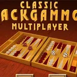 Kuvassa on avattu backgammon-lauta pelinappuloineen ja noppineen, otsikon Classic Backgammon Multiplayer alla
