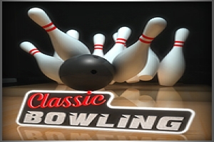 Keilapallo kaataa keiloja heijastavalla pinnalla, ja etualalla on teksti Classic Bowling