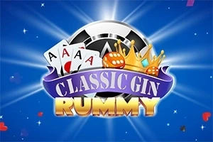 Pelimerkki, pelikortteja ja kruunu sinisellä taustalla, edessä teksti Classic Gin Rummy