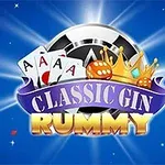 Pelimerkki, pelikortteja ja kruunu sinisellä taustalla, edessä teksti Classic Gin Rummy