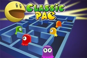 Peliin perustuva kuva, jossa on keltainen pallohahmo, labyrintti ja värikkäitä haamuja sekä teksti Classic Pac