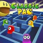 Peliin perustuva kuva, jossa on keltainen pallohahmo, labyrintti ja värikkäitä haamuja sekä teksti Classic Pac