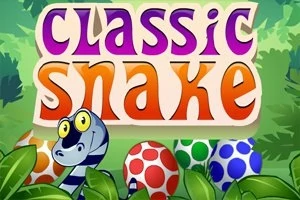 Värikäs classic snake -teksti vihreällä taustalla, jossa on pilkullisia munia ja raidallinen käärme