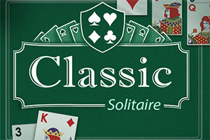 Vihreä tausta, jossa valkoisella tekstillä lukee Classic Solitaire, yllä korttipakan symboleja ja osittain näkyviä pelikortteja
