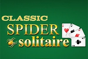 Vihreällä taustalla kultainen teksti Classic Spider Solitaire ja kolmen pelikortin kuva, joissa on ässäkortteja eri maista