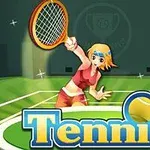 Piirroshahmo pelaa tennistä, taustalla vihreä kenttä ja alareunassa teksti Tennis