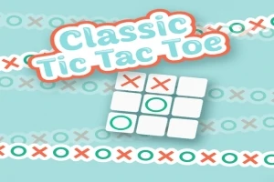 Classic Tic Tac Toe -teksti ja neliönmuotoinen ristikko, jossa on X- ja O-kuvioita vaaleansinisellä taustalla