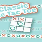 Classic Tic Tac Toe -teksti ja neliönmuotoinen ristikko, jossa on X- ja O-kuvioita vaaleansinisellä taustalla