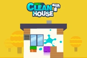 Keltaisella taustalla oleva talon etuosa, jossa on ikkuna, sininen maaliroiske ja violetti sieni, sekä teksti 3D Clean House ylhäällä
