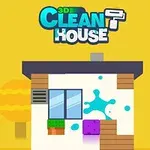 Keltaisella taustalla oleva talon etuosa, jossa on ikkuna, sininen maaliroiske ja violetti sieni, sekä teksti 3D Clean House ylhäällä