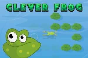 Sammakko katsoo kamerasta vasemmassa alakulmassa ja ui lammella liljatyynyillä; yläosassa lukee isoin vihrein kirjaimin CLEVER FROG