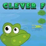Sammakko katsoo kamerasta vasemmassa alakulmassa ja ui lammella liljatyynyillä; yläosassa lukee isoin vihrein kirjaimin CLEVER FROG