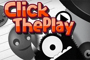 Värikäs teksti Click The Play on mustavalkoisen taustan edessä, jossa on hymyileviä kasvoja ja pelaamista symboloiva kuvake