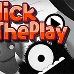 Värikäs teksti Click The Play on mustavalkoisen taustan edessä, jossa on hymyileviä kasvoja ja pelaamista symboloiva kuvake