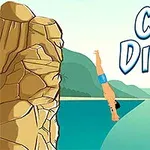 Mies hyppäämässä kalliolta veteen kesäisessä maisemassa, ja vieressä lukee teksti Cliff Diving