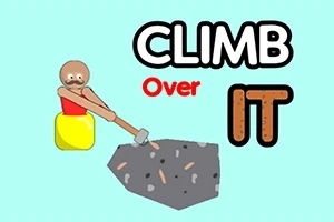 Mies keltaisessa astiassa pitää vasaraa suuren harmaan kiven vieressä, taustalla teksti CLIMB Over IT