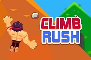 Piirroshahmo kiipeämässä jyrkkää rinnettä, jossa lukee Climb Rush