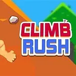 Piirroshahmo kiipeämässä jyrkkää rinnettä, jossa lukee Climb Rush