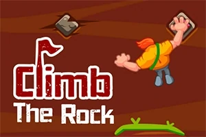 Mies kiipeää kalliota värikkäillä vaatteilla ja teksti Climb The Rock näkyy vasemmalla