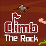 Mies kiipeää kalliota värikkäillä vaatteilla ja teksti Climb The Rock näkyy vasemmalla