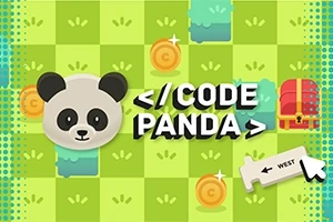 Pandakasvo emoji vihreällä ruutukuvioisella taustalla, jossa on kolikoita, aarrearkku ja kompassiosoitin