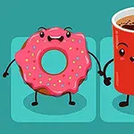 Vaaleanpunainen hymyilevä donitsi ja punainen kahvikuppi pitävät toisiaan kädestä sinisellä taustalla