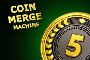 Kultareunainen kolikkografiikka numerolla 5 tummanvihreällä taustalla ja teksti COIN MERGE MACHINE