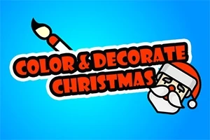 Sini-valkoisella taustalla teksti Color & Decorate Christmas koristeltu pensselillä ja joulupukin kasvot