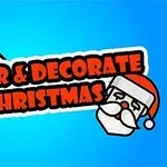 Sini-valkoisella taustalla teksti Color & Decorate Christmas koristeltu pensselillä ja joulupukin kasvot