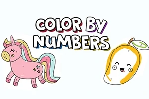 Vaaleanpunainen yksisarvinen ja hymyilevä hedelmä, jossa lukee Color by Numbers