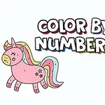 Vaaleanpunainen yksisarvinen ja hymyilevä hedelmä, jossa lukee Color by Numbers