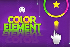 Violetti tausta, jossa lukee COLOR ELEMENT, näkyy värikäs ympyrä tähti keskellä ja etusormen kuvake viittaa pieneen keltaiseen palloon