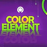 Violetti tausta, jossa lukee COLOR ELEMENT, näkyy värikäs ympyrä tähti keskellä ja etusormen kuvake viittaa pieneen keltaiseen palloon