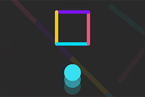 Värikäs neliö, jossa on keltaiset, violetit, punaiset ja siniset reunat, ja sininen pallo mustalla taustalla