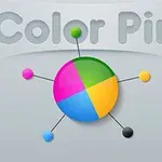 Pyöreä, monivärinen kiekko, jossa on kiinnitettyjä värillisiä tappeja ja taustalla teksti Color Pin