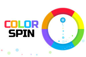 Värikäs teksti COLOR SPIN ja ympyrä, jossa on eri värisiä kaistaleita, keskellä sininen pallo