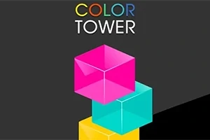 Värikkäitä läpinäkyviä kuutioita pinottuna päällekkäin tummalla taustalla, ylhäällä teksti COLOR TOWER