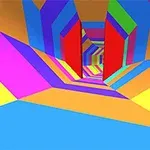 Kirkkaanvärinen ja geometrinen tunneli, jossa on sinisiä, keltaisia, pinkkejä ja punaisia alueita