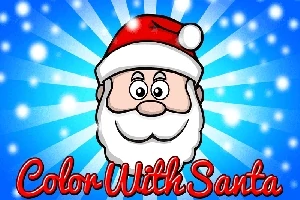 Joulupukin kasvot joulupukin hattu päässä sinisellä taustalla, jossa on säteitä ja lumihiutaleita, sekä alareunassa teksti Color With Santa