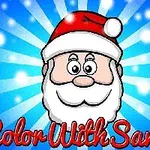 Joulupukin kasvot joulupukin hattu päässä sinisellä taustalla, jossa on säteitä ja lumihiutaleita, sekä alareunassa teksti Color With Santa